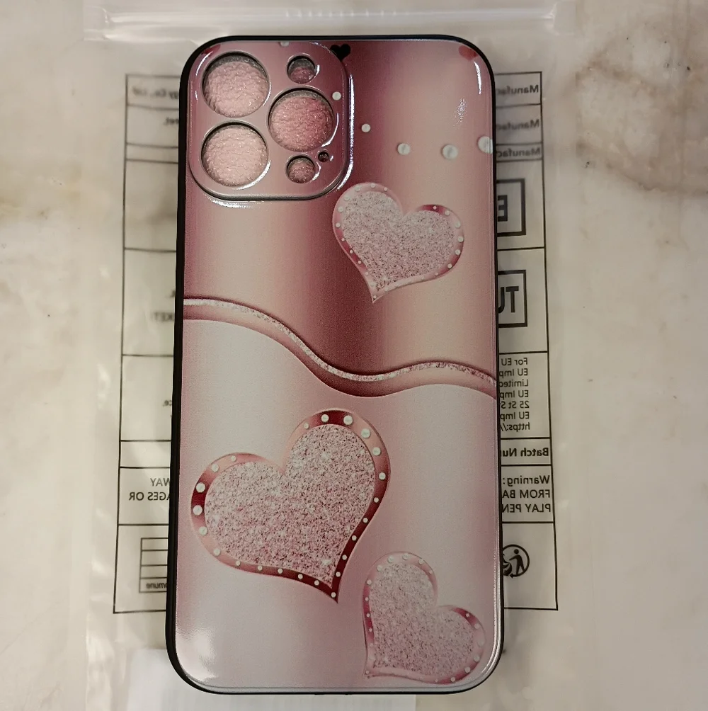 iPhone 13 pro max Pink White Heart Glossy Hard Plastic Back Case Cover